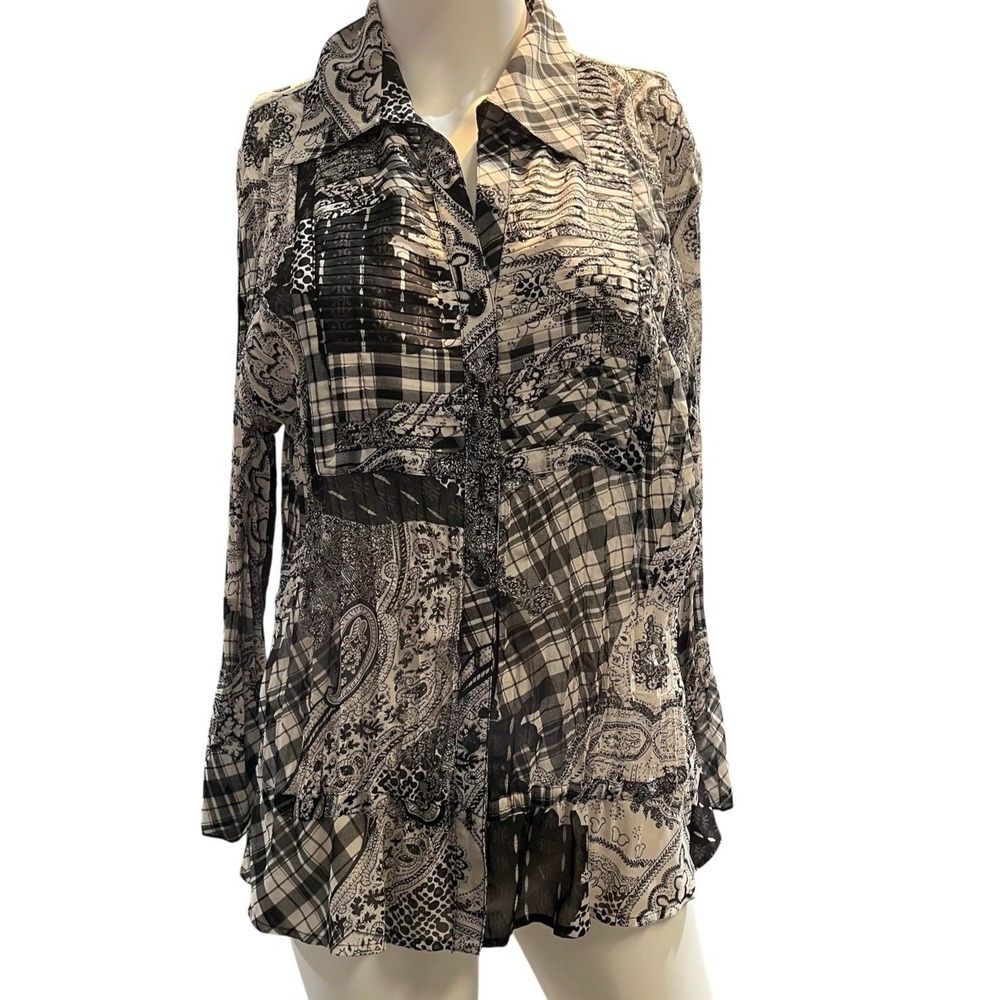 Notations Top Black Sheer Chiffon Pleated Crinkle Patchwork Plaid Blouse XL Boho